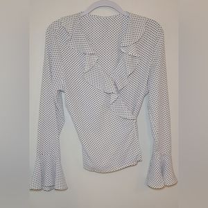 CeCe | Wrap Blouse - Polka Dot, Ruffled Collar, Bell Sleeves (White) - Large